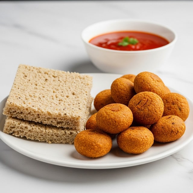 A white plate sits on a white marbled surface, holding three slices of light brown, coarse-textured bread layered on the left side, next to a group of ten golden-brown, irregularly shaped fried snacks with a crispy texture on the right side. In the background, there is a white bowl filled with bright red sauce, slightly out of focus. The image captures warm colors and a simple, clean setting. photo taken with an iphone --ar 4:5 --v 7