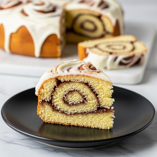 A single slice of cinnamon roll cake is placed on a black plate, showing two layers: the bottom thick layer is soft, light golden-brown cake with a spiral swirl of cinnamon brown filling visibly running through the middle, and the top layer is creamy, smooth white icing with some swirled cinnamon bits. In the background, the remaining cinnamon roll cake is partially visible on a white marbled surface, also topped with white icing and cut into slices. Photo taken with an iphone --ar 4:5 --v 7