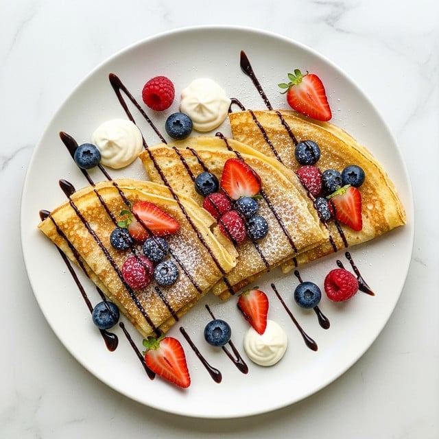 The image shows three folded crepes on a white plate set on a white marbled surface, each crepe golden brown with slightly crispy edges. The crepes are layered flat and folded into triangles. They are topped with fresh red strawberries, dark blue blueberries, and red raspberries, some dusted with powdered sugar. There are small dollops of white cream placed on and around the crepes. Thin lines of dark chocolate sauce are drizzled over the crepes and the berries, adding contrast. The berries and cream are scattered across the plate in a natural, appealing way. Photo taken with an iphone --ar 4:5 --v 7