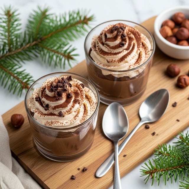 Two glass cups filled with dark brown chocolate mousse, each topped with a swirl of light brown whipped cream dusted with cocoa powder and sprinkled with chocolate shavings. The cups are placed on a wooden board with two silver spoons resting beside them. Green pine branches and a small white bowl with hazelnuts are visible around the board. The background has a white marbled texture. photo taken with an iphone --ar 4:5 --v 7