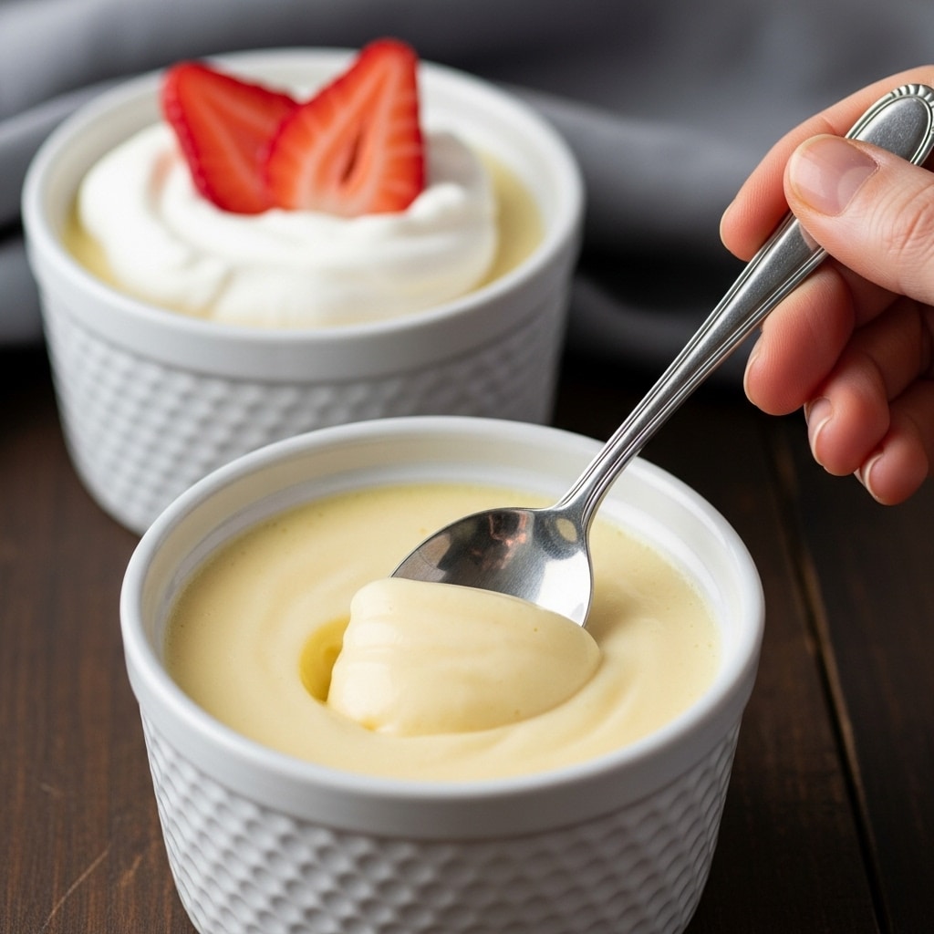 The image shows two white textured ramekins filled with smooth, creamy pale yellow pudding. The ramekin in the foreground has a silver spoon with a rounded head scooping some pudding from it, held by a woman's hand. The one in the background is topped with a dollop of white whipped cream and two thin slices of fresh red strawberry placed neatly on top. Both ramekins are placed on a dark wooden surface with a grey cloth partially visible behind them. photo taken with an iphone --ar 4:5 --v 7