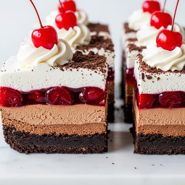A sliced square chocolate dessert is shown on a white marbled surface with four clear layers visible: the bottom layer is a dark, crumbly chocolate crust, above it is a thick smooth chocolate mousse layer in light brown, followed by a shiny, chunky red cherry topping, and finally a thick, fluffy white whipped cream layer sprinkled with dark chocolate shavings. Each slice is topped with a white whipped cream swirl and a bright red cherry on top. Photo taken with an iphone --ar 4:5 --v 7