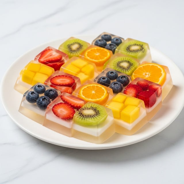 A round white plate holds fifteen clear jelly cubes, each containing different fruit pieces. The jelly cubes are translucent with a smooth and shiny surface, showing various fruits inside. From front to back, the cubes have layers mostly made of clear gelatin with fruits like strawberries, blueberries, kiwi, mango, and citrus slices embedded inside. Each cube is distinct with colorful fruit pieces, some with red strawberries, others with yellow mango, green kiwi, blue blueberries, and orange citrus, all suspended in the clear jelly. The plate is set on a white marbled surface, and the jelly cubes are evenly spaced in neat rows. photo taken with an iphone --ar 4:5 --v 7