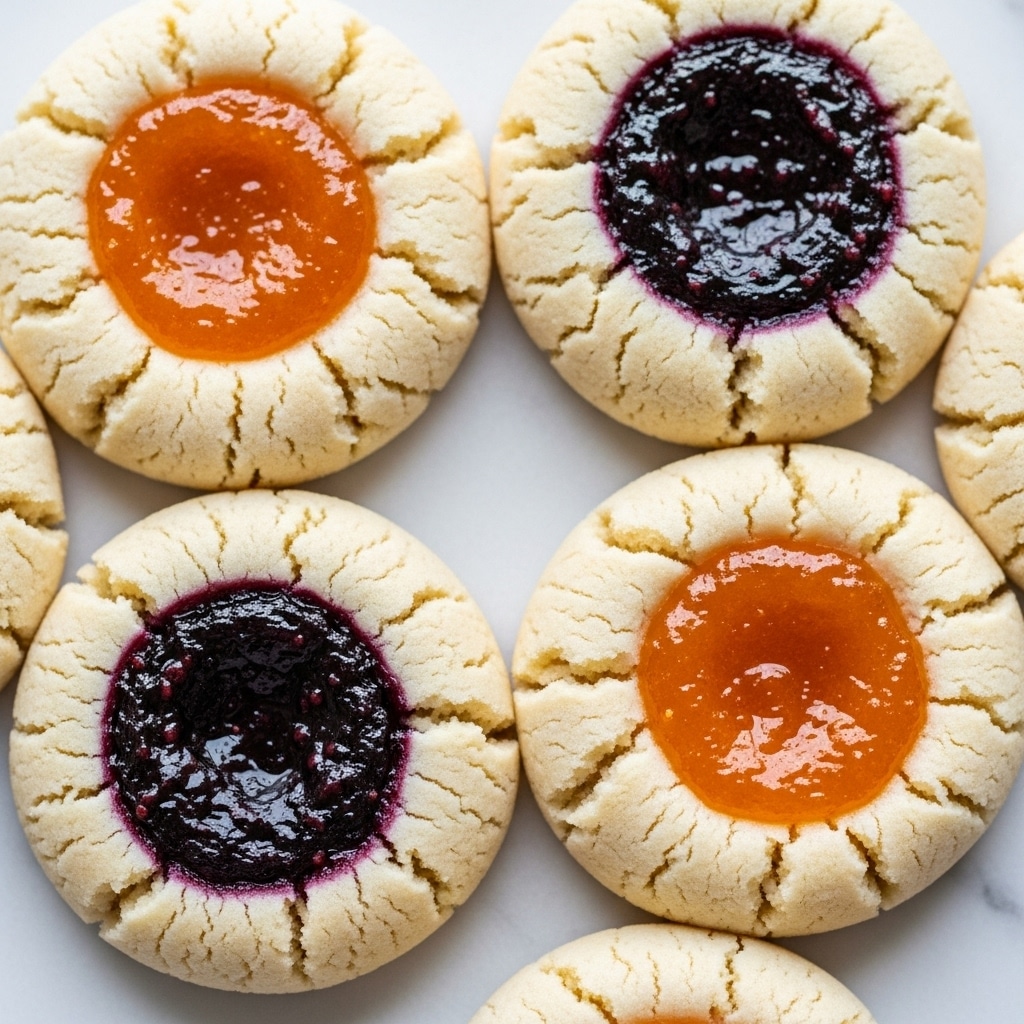 The image shows four round thumbprint cookies arranged close together on a white marbled surface. Each cookie has a cracked pale beige dough base with a slightly rough texture. Two cookies have a deep purple jam filling in the middle, shiny and slightly wrinkled in texture, while the other two have a bright orange jam filling, smooth and glossy. The jam is placed in small circular indentations in the center of each cookie, contrasting vividly with the light-colored dough. photo taken with an iphone --ar 4:5 --v 7