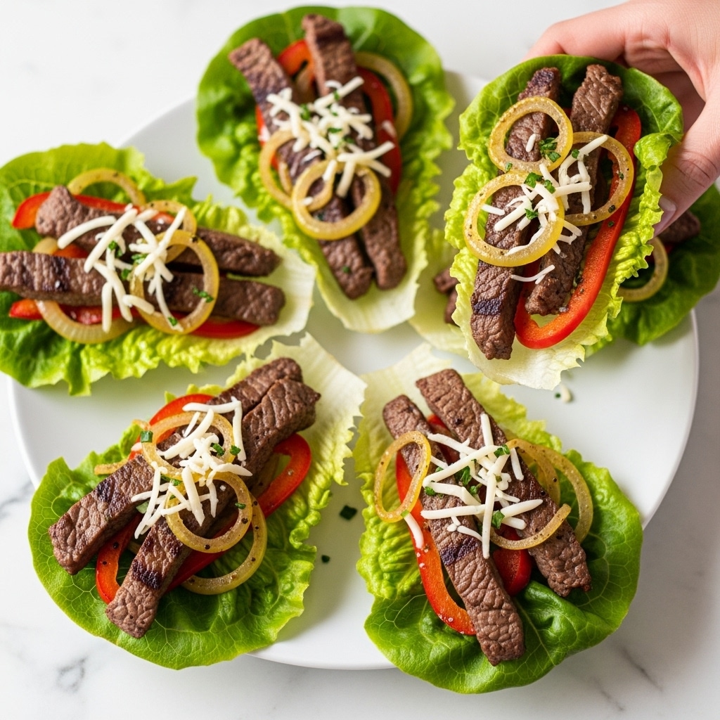A white plate holds several bright green lettuce cups, each filled with dark brown grilled beef strips layered with thin yellow cooked onions and red bell pepper slices. The beef is topped with a light sprinkling of melted white cheese and small bits of chopped green herbs. One lettuce cup is being held by a woman's hand at the top right. The plate sits on a white marbled surface. photo taken with an iphone --ar 4:5 --v 7