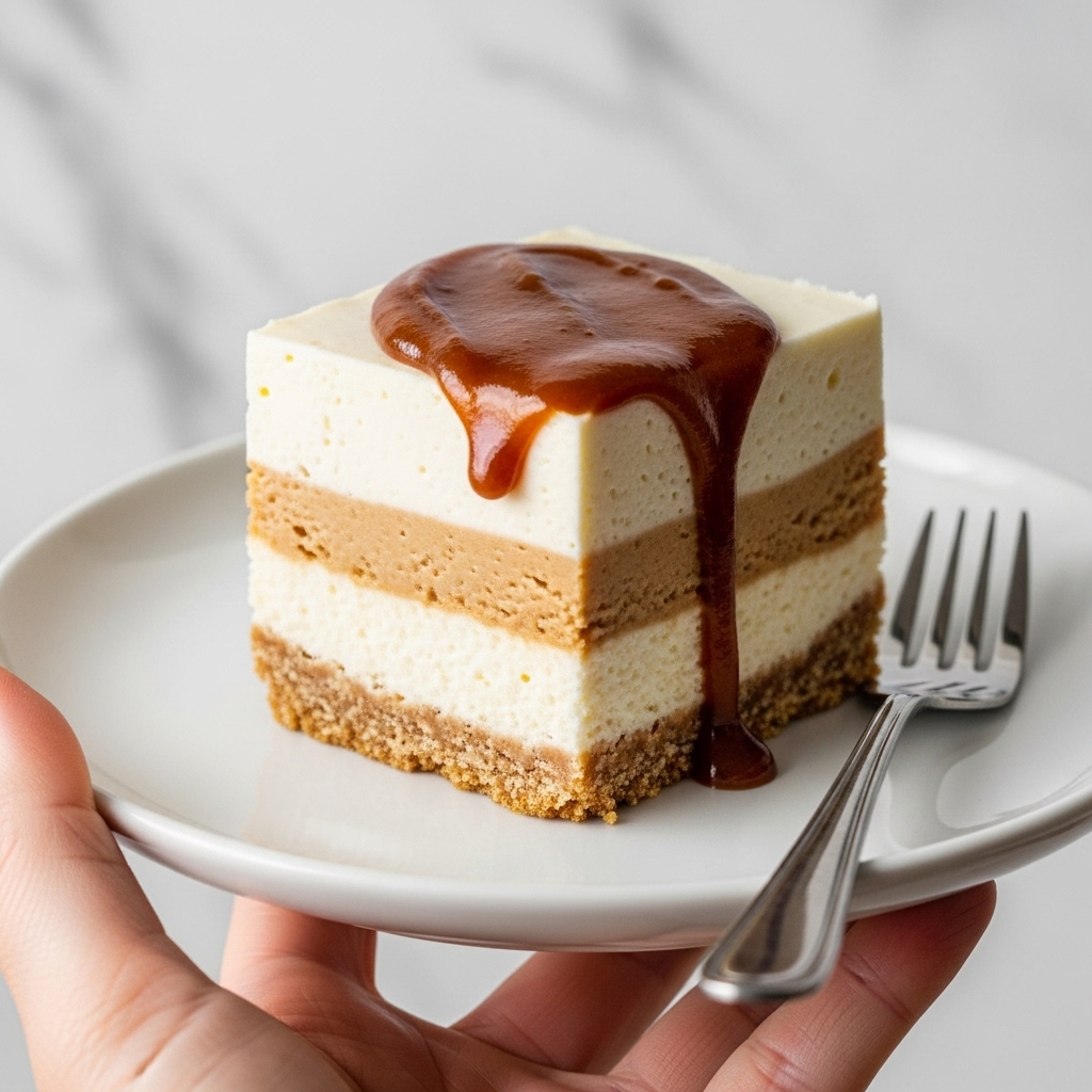 A square slice of dessert shows three clear layers on a white marbled texture. The bottom layer is a crumbly light brown crust, rough in texture. Above it is a thick, smooth, and creamy white layer with slight air bubbles, making it look soft and fluffy. The top layer is a thin, uneven spread of dark brown sauce that drips down slightly onto the white layer. The slice sits on a white plate next to a silver fork, and a woman's hand holds the plate from below. Photo taken with an iphone --ar 4:5 --v 7
