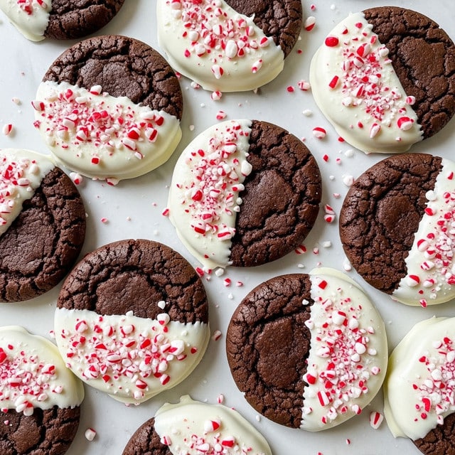 The image shows several round chocolate cookies with a rough, cracked texture on a white marbled surface. Each cookie is half covered in a smooth white coating that looks like white chocolate or icing. On top of the white coating, there are small red and white crushed peppermint candy pieces sprinkled evenly. The cookies are closely placed together, with bits of the crushed peppermint scattered around them. photo taken with an iphone --ar 4:5 --v 7