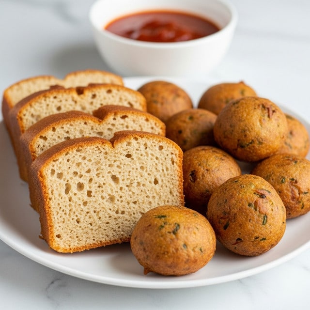 A white plate with three slices of light brown spongy cake placed on the left side, showing a soft texture with small air holes. To the right of the cake slices, there are about eight golden brown fritters, round and uneven in shape with a crispy looking surface. In the background, a white bowl filled with red sauce is slightly blurred. The whole setting is on a white marbled surface. photo taken with an iphone --ar 4:5 --v 7