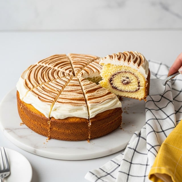 A round cake with a golden brown bottom layer and a soft, light yellow inside is topped with a smooth white frosting that has swirled cinnamon brown patterns on top. The cake is cut into eight slices, and one slice is being lifted by a woman's hand holding a shiny silver cake server, showing the soft texture and cinnamon swirl inside. The cake sits on a white marbled round board, and a white cloth with black check pattern and yellow edges is nearby. Photo taken with an iphone --ar 4:5 --v 7