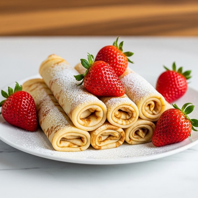 A white plate holds five rolled crepes, stacked closely together. The crepes are light golden brown with a soft, thin texture, showing slightly crispy edges. They are dusted with a fine layer of powdered sugar, adding a light white dust over the surface. Three fresh strawberries, rich red with green leaves, are placed around and between the crepes, adding bright color contrast. The plate rests on a white marbled surface, with a warm wooden background softly blurred behind it. photo taken with an iphone --ar 4:5 --v 7