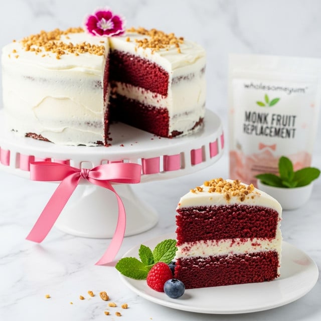A two-layer red velvet cake with smooth, creamy white frosting between and covering the layers is displayed on a white cake stand that has a pink ribbon tied around its base. The top of the cake is sprinkled with chopped nuts and decorated with a single pink flower. One slice of cake is cut out and placed on a white plate in front, showing the dark red cake layers and white frosting in the middle. The slice is topped with chopped nuts as well and served with a fresh raspberry, blueberry, and two green mint leaves on the side. The background is a white marbled texture with a white package of monk fruit sugar replacement visible behind the cake. Photo taken with an iphone --ar 4:5 --v 7
