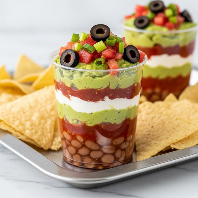 A clear plastic cup holds a layered dip with five distinct layers from bottom to top: a brown bean layer, a thick green guacamole layer, a smooth white sour cream layer, a bright red salsa layer, and a topping of diced red tomatoes mixed with chopped green onions and black olive slices scattered on top. The cup sits on a shiny silver tray surrounded by pale yellow tortilla chips, all placed on a white marbled surface. The focus is on the cup in the front, with a second cup blurred softly in the background. Photo taken with an iphone --ar 4:5 --v 7
