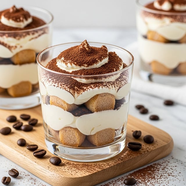 The image shows a clear glass filled with three layers: the bottom layer is light brown ladyfinger biscuits soaked in coffee, the middle layer is smooth and creamy off-white mascarpone cheese, and the top layer is a fluffy whipped cream dusted generously with dark brown cocoa powder. The glass is placed on a light wooden board on top of a white marbled surface with scattered coffee beans and more cocoa powder nearby. In the background, another similar glass of the dessert is softly focused. photo taken with an iphone --ar 4:5 --v 7