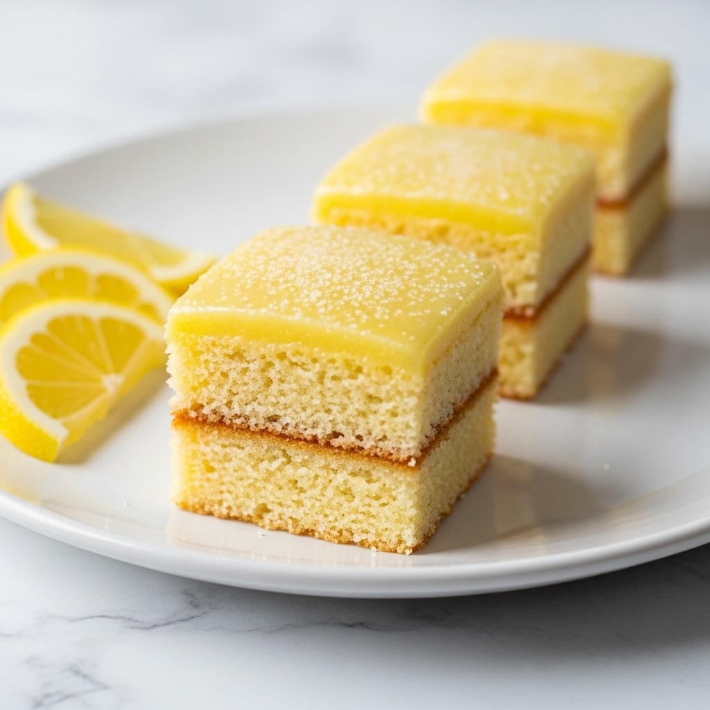 The image shows three small square lemon cakes lined up on a white plate set on a white marbled textured surface. Each cake has two layers: a bottom layer of golden-brown, slightly crispy cake with a porous texture, and a thick top layer of pale yellow lemon glaze with a smooth and slightly shiny texture. The glaze has a dusting of fine white sugar on it. To the left of the plate, there are thin lemon wedges with bright yellow skin and juicy pulp. The focus is on the front cake, while the others blur softly in the background. Photo taken with an iphone --ar 4:5 --v 7