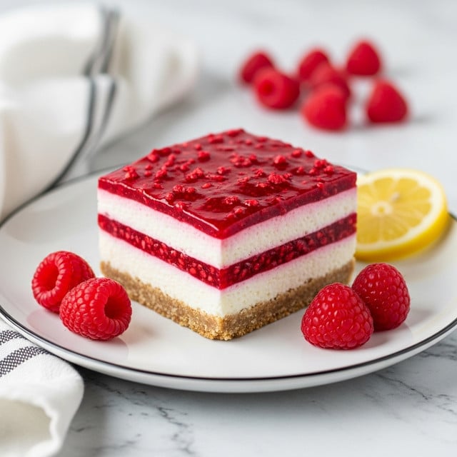 A square dessert with three clear layers sits in the middle of a white plate with a thin black rim; the bottom layer is a light brown crumbly crust, the middle layer is a smooth white creamy filling, and the top layer is a thick, bright red raspberry sauce with visible crushed raspberry pieces. Around the dessert on the plate are three fresh raspberries bright red and textured, with a few more raspberries blurred in the white marbled background. A thin lemon slice is placed to the right side near the plate, adding a pop of yellow color, and a white cloth with black stripes is softly folded on the left side. The scene is bright and clean with soft lighting highlighting the textures and colors of the dessert. photo taken with an iphone --ar 4:5 --v 7