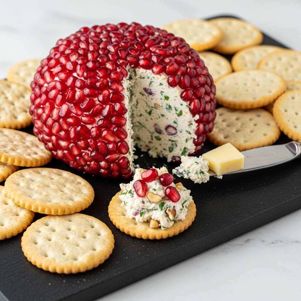 A round cheese ball covered fully in shiny red pomegranate seeds sits on a black board, surrounded by different kinds of light beige crackers. The cheese ball is partly scooped open, showing a creamy inside mixed with green herbs and small bits of nuts. One cracker in front holds a dollop of this creamy mix with some pomegranate seeds on top. A silver knife with cheese on it rests next to the cheese ball. The board is placed on a white marbled surface. photo taken with an iphone --ar 4:5 --v 7