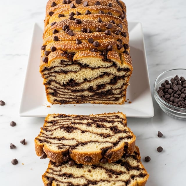A loaf of layered chocolate chip bread sits on a white square plate over a white marbled surface. The bread has around ten visible layers, each golden brown with a soft, fluffy texture, and is dotted with many dark chocolate chips both on the surface and inside the layers. The top layers show a slight crust with sugar sprinkled on parts, and a few chocolate chips are scattered around the plate. Below the loaf, two thick slices of the same bread reveal a light beige crumb full of chocolate chips throughout. To the right, a glass bowl filled with small chocolate chips partially appears in the frame. photo taken with an iphone --ar 4:5 --v 7