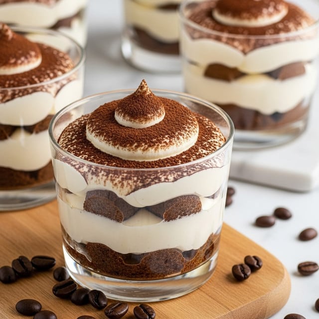 A clear glass cup holds a three-layer dessert sitting on a light wooden board with scattered coffee beans around. The bottom layer is dark brown soaked ladyfinger biscuits, soft and slightly textured. The middle layer is thick, creamy, and off-white, with a smooth texture. The top layer is a generous swirl of light cream dusted heavily with dark brown cocoa powder, adding a rough texture on top. In the background, there are more glass cups with the same dessert, placed on a white marbled surface. Photo taken with an iphone --ar 4:5 --v 7
