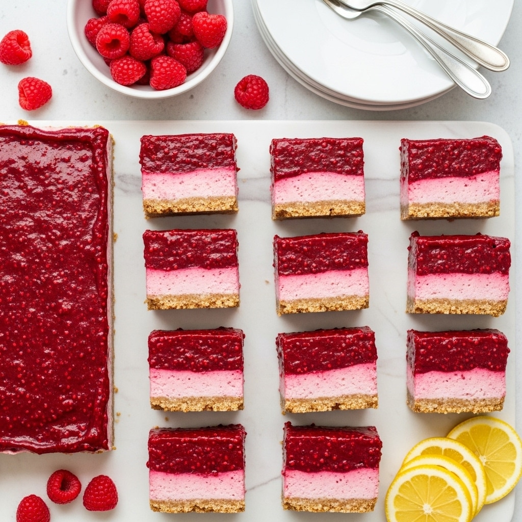 Nine square pieces of dessert are arranged on a white marbled cutting board. Each piece has two visible layers: a light brown, crumbly base layer and a thick, glossy deep red fruit topping with a slightly textured surface from seeds. To the left, part of the whole rectangular dessert shows the same two layers, covered evenly in the red fruit topping. Scattered around are fresh red raspberries, a small bowl filled with raspberries at the top left, bright yellow lemon slices at the bottom right, and a stack of white plates with a few silver forks on the top right. Photo taken with an iphone --ar 4:5 --v 7