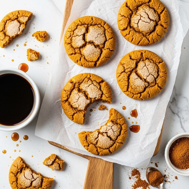 The image shows four round, golden-brown cookies with a cracked texture, sprinkled with sugar on top, placed on a piece of white parchment paper over a wooden board. One cookie has a large bite taken out of it, revealing a soft inside. There are also broken cookie pieces scattered around the wooden board on a white marbled surface. To the left of the board is a small white bowl filled with dark coffee, and near the bottom right corner, there is a small white bowl with a brown powder next to a small spoon with some powder spilled around it. The scene has light spills of dark syrup or sauce near the coffee cup and on the parchment paper. photo taken with an iphone --ar 4:5 --v 7