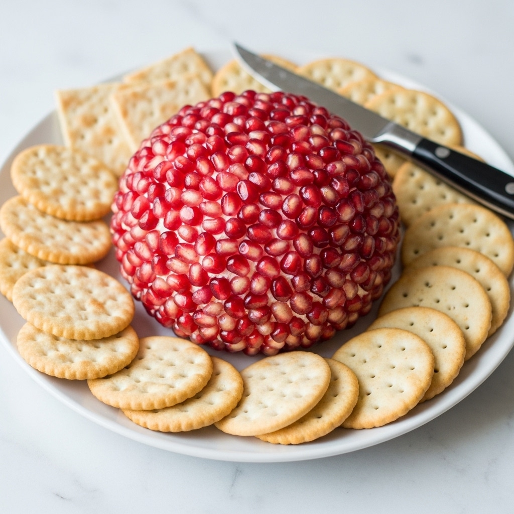 A round cheese ball covered completely in shiny red and pink pomegranate seeds sits in the center of a white plate. The cheese ball is creamy white in color, visible slightly between the seeds. Surrounding the cheese ball are different types of beige crackers, round and rectangular, with some showing small holes and a lightly toasted texture. A knife with a black handle rests on the edge of the plate. The plate is on a white marbled surface. Photo taken with an iphone --ar 4:5 --v 7