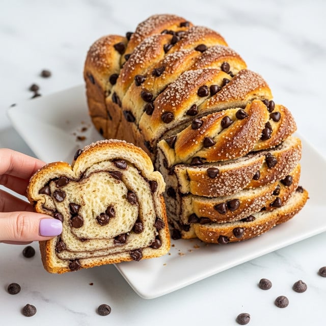 A sliced chocolate chip bread loaf is stacked neatly on a white rectangular plate, showing about seven visible thick slices. Each slice reveals soft, light beige bread dotted with many dark chocolate chips evenly spread throughout, with a golden-brown crust on top that has a light sprinkle of sugar. The bread layers have a slightly twisted texture on top from baking. A woman's hand with light purple nail polish holds one slice in the front, pulling it slightly out from the stack. A few loose chocolate chips are scattered on the white marbled surface around the plate. Photo taken with an iphone --ar 4:5 --v 7