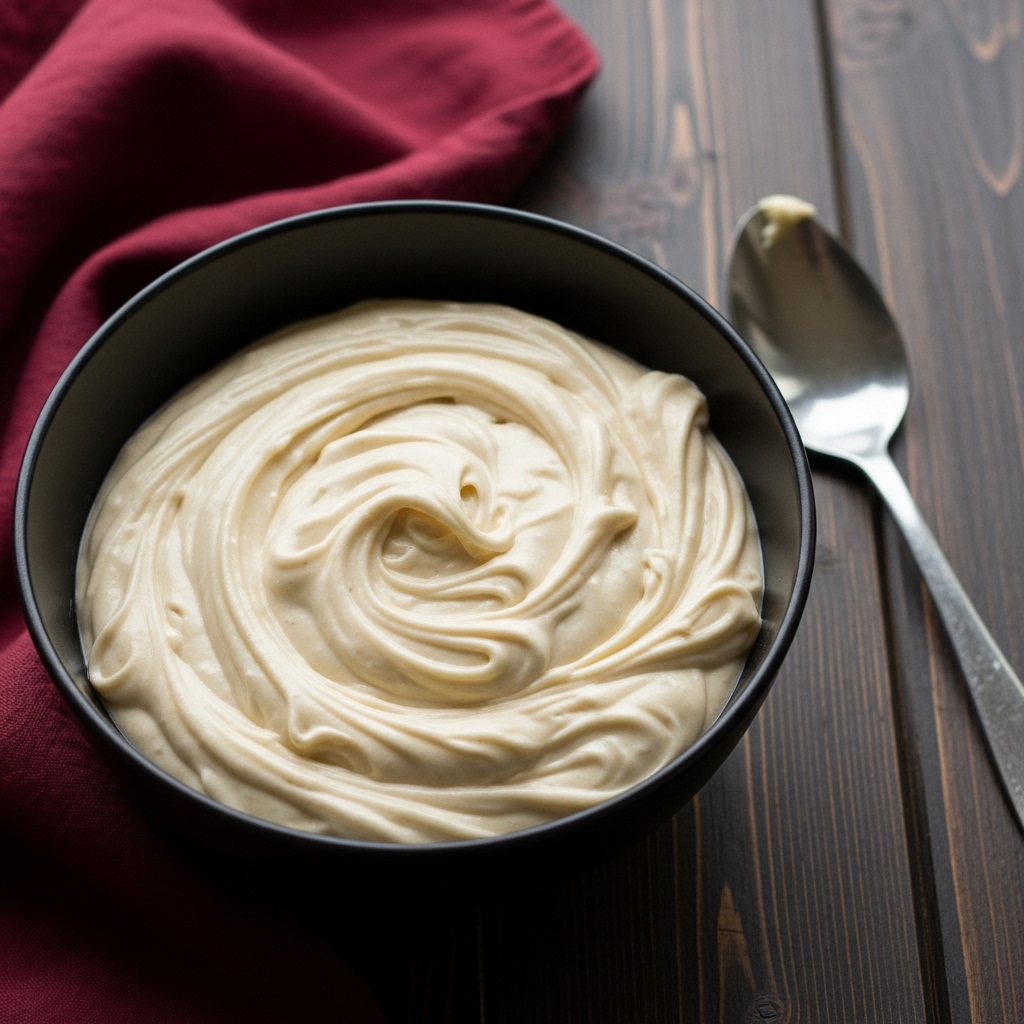 A black bowl filled with thick, creamy, light beige batter that has soft swirls and peaks on the surface, creating a textured appearance; the bowl is placed on a dark wooden table with a maroon cloth partially visible in the background; next to the bowl, there is a metal spoon resting on the table; photo taken with an iphone --ar 4:5 --v 7