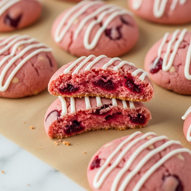 A close-up view of soft, pink cookies with small red fruit pieces inside, each cookie topped with three to four thin white icing lines running across the top. One cookie is broken in half showing a moist, crumbly inside with more red fruit bits. The cookies rest on a brown baking paper placed on a white marbled surface. photo taken with an iphone --ar 4:5 --v 7