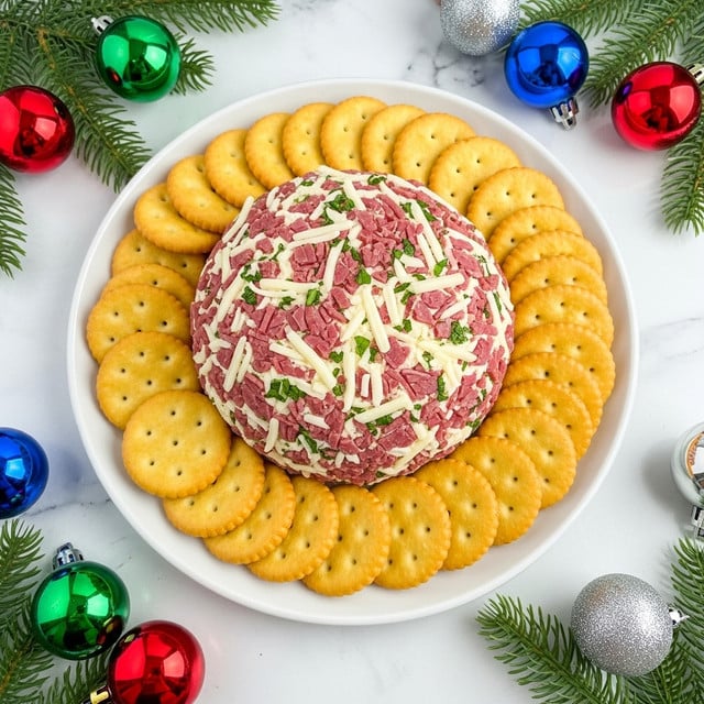 A round ball of cheese covered with small pieces of pinkish cured meat and shredded white cheese, garnished with small bits of green herbs, sits in the center of a white round plate. Surrounding the cheese ball are three neat layers of round, golden crackers, evenly spaced and slightly overlapping, creating a wide ring around the cheese ball. The plate is placed on a white marbled surface, decorated with some green fir branches, colorful Christmas ornaments in red, green, blue, and silver, adding a festive touch. photo taken with an iphone --ar 4:5 --v 7