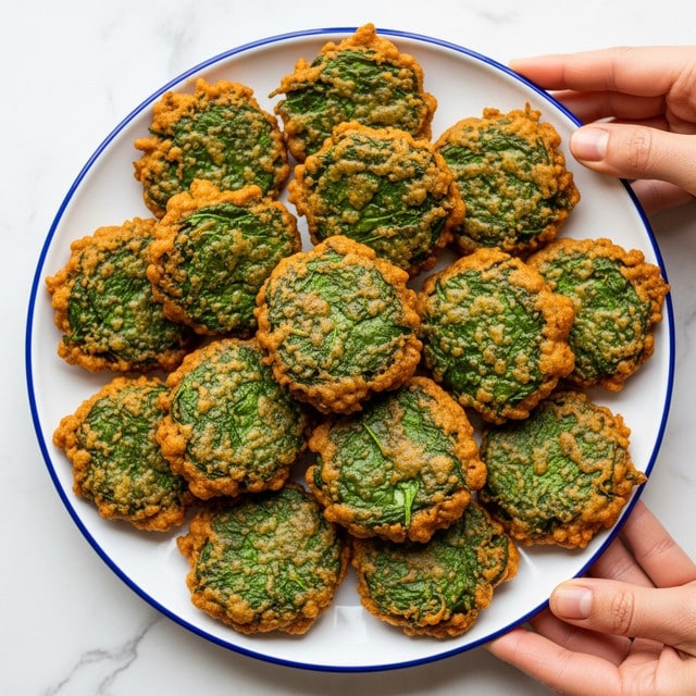 A white round plate with a blue rim is full of deep-fried palak pakodas, which are crispy and golden brown mixed with dark green spinach leaves. Each pakoda piece has a rough, irregular shape showing the fried texture and clumped leaves, stacked close together covering the plate. A woman's hand is holding the edge of the plate from the top right and bottom right corners. The plate is placed on a white marbled surface. photo taken with an iphone --ar 4:5 --v 7