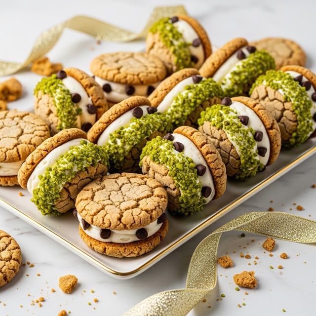 The image shows a white rectangular plate with a gold rim holding several cookie sandwiches arranged closely together. Each sandwich has two light brown, cracked textured cookies as the top and bottom layers. Between the cookies, there is a thick layer of white cream filling. Some sandwiches have their cream edges coated with green crushed nuts, while others have small dark chocolate chips pressed into the cream. The plate is placed on a white marbled surface with scattered cookie crumbs around. A glittery gold ribbon lies on the surface beside the plate. Photo taken with an iphone --ar 4:5 --v 7