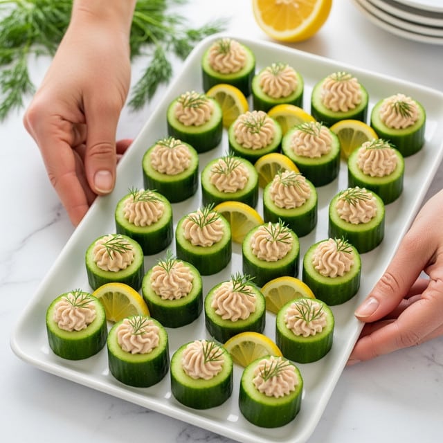 The image shows a white rectangular tray filled with bite-sized cucumber cups, each one hollowed out and filled with a smooth, creamy beige filling piped in a small swirl on top. The cucumber cups are deep green with a crisp texture, and the filling is garnished with small sprigs of fresh dill and placed alongside small lemon wedges scattered between the cups. A woman's hands are holding the tray from both sides, with a white marbled surface and some dill sprigs and a halved lemon in the background. Photo taken with an iphone --ar 4:5 --v 7