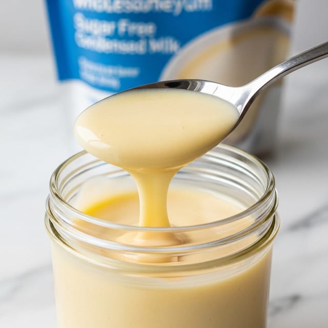 A clear glass jar filled with a smooth, creamy, light yellow sauce that has a shiny texture. A shiny stainless steel spoon lifts some of the sauce out of the jar, showing its thick but flowing consistency. In the background, a soft focus bag with blue and white colors and some text is partially visible. The jar and spoon rest on a white marbled surface. photo taken with an iphone --ar 4:5 --v 7