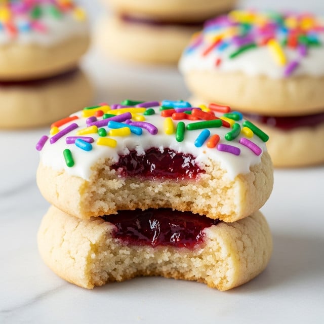 A close-up view of a bitten cookie with three layers: the bottom layer is a soft, light beige cookie dough with a crumbly texture, the middle layer is a glossy, deep red jelly filling in the center, and the top layer is coated with white icing covered in colorful round and rod-shaped sprinkles in green, yellow, purple, red, and blue. In the blurred background, there is another cookie with similar colors and textures. The surface underneath is white with a marbled texture. photo taken with an iphone --ar 4:5 --v 7