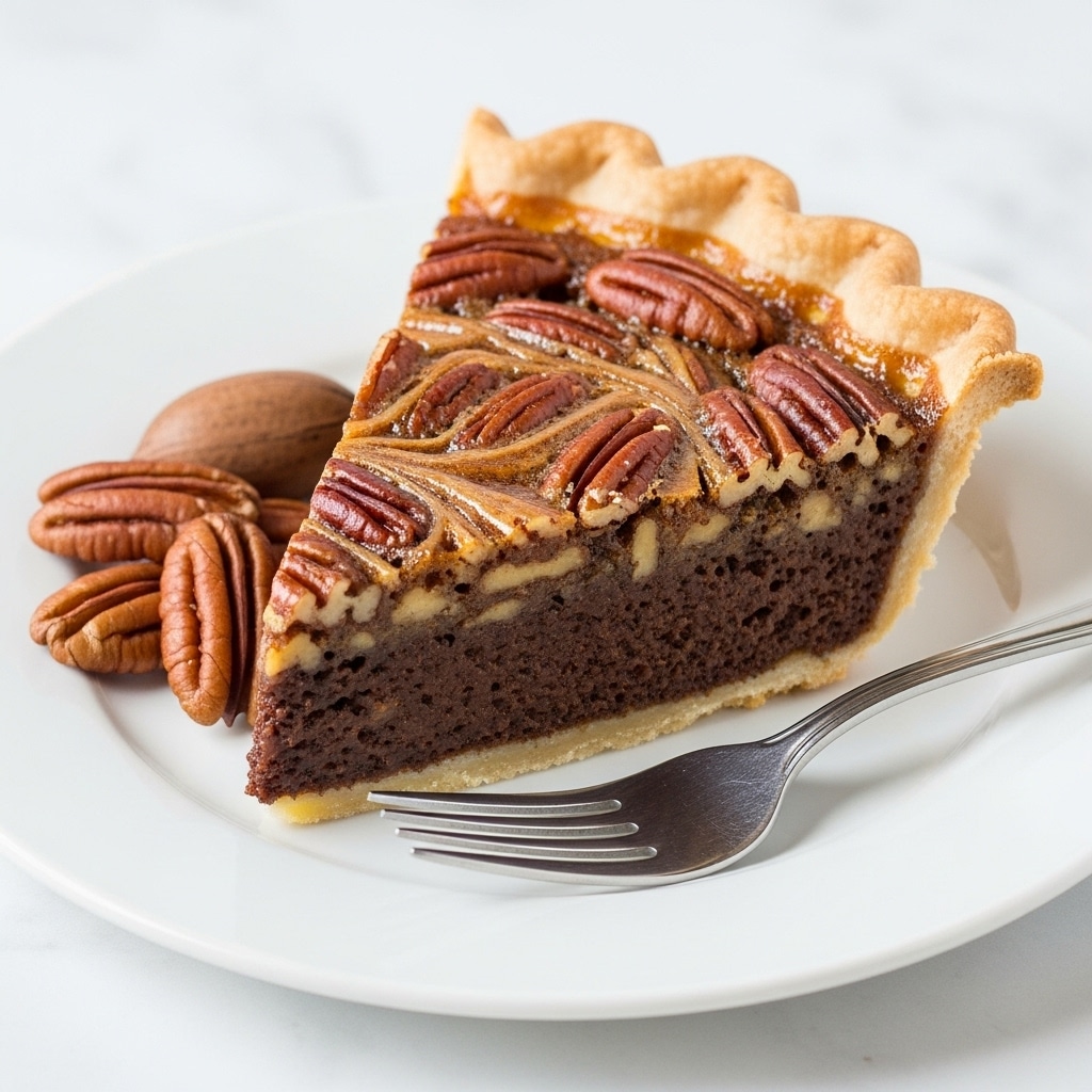 A slice of pecan pie on a white plate sits on a white marbled surface. The pie has three visible layers: a golden-brown flaky crust at the bottom and edges, a dark, rich filling in the middle with a slightly glossy and textured surface, and a top layer of baked pecan halves, giving a knobbly, brown pattern. Three whole pecans rest beside the slice on the plate. A silver fork with a narrow handle lies next to the pie, and a blue and white striped cloth is partly visible on the right side. The background is softly blurred, showing parts of another white plate and a bowl. Photo taken with an iphone --ar 4:5 --v 7