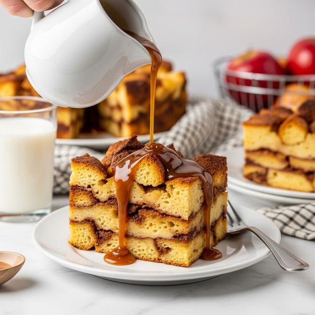 A slice of bread pudding sits on a white plate, showing multiple layers of golden-brown toasted bread chunks mixed with creamy custard. On top, a thick, caramel-colored sauce is being poured from a white pitcher held by a woman's hand, slowly dripping over the bread. The bread chunks have a crisp edge and soft inside, with rich, warm tones. Next to the slice is a silver fork, and the plate rests on a white marbled surface. Nearby, a glass of milk and a basket of apples add to the warm, cozy setting. Photo taken with an iphone --ar 4:5 --v 7