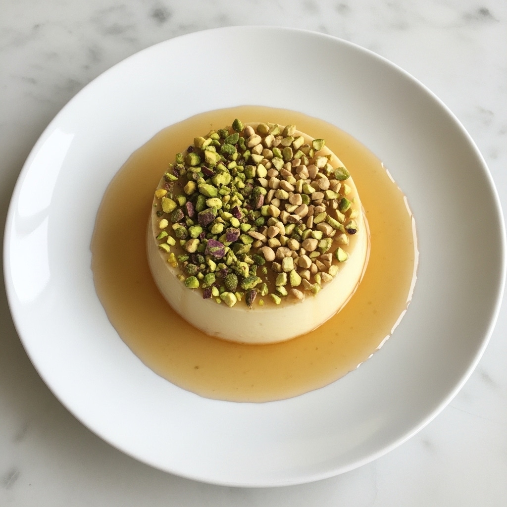 A single round layer of light cream-colored soft pudding sits in the center of a white plate, surrounded by a thin pool of light golden syrup. On top of the pudding, there is a generous sprinkle of small chopped green and beige pistachio nuts grouped mostly around the top half, adding texture and color contrast. The white plate is set on a white marbled surface, creating a clean and simple background that highlights the dessert. photo taken with an iphone --ar 4:5 --v 7
