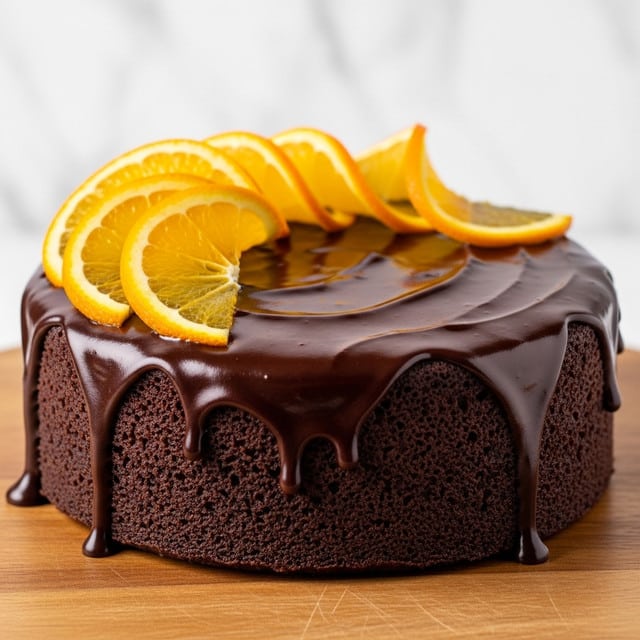 A single-layer round chocolate cake with a moist, dark brown texture is sitting on a wooden board. The top of the cake is covered with thick, shiny dark chocolate glaze that drips slightly over the edges. Thin slices of bright orange peel are arranged in a curved pattern on top of the chocolate glaze, adding a pop of color with their shiny, textured surface. The background is a white marbled texture. photo taken with an iphone --ar 4:5 --v 7