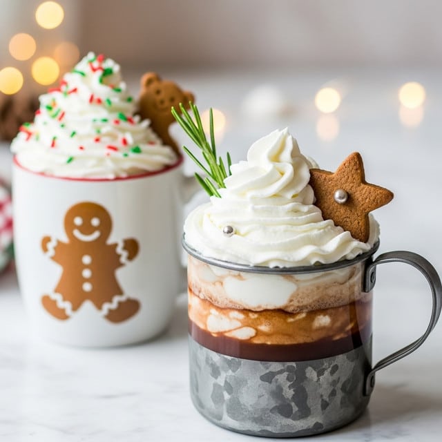 The image shows two mugs filled with a rich drink topped with a tall swirl of white whipped cream. The closest mug is a rustic metal cup, filled to the brim with three layers: a dark drink at the bottom, thick white whipped cream in the middle, and a small brown star-shaped cookie with a silver bead on top as the final layer. A sprig of green rosemary rests against the whipped cream. Behind it, a white mug features a gingerbread man design, also filled with dark drink and white whipped cream piped high with red and green sprinkles, topped with a small gingerbread cookie shaped like a bear. Both mugs sit on a white marbled surface, with soft light and blurred background elements that add warmth to the scene. Photo taken with an iphone --ar 4:5 --v 7