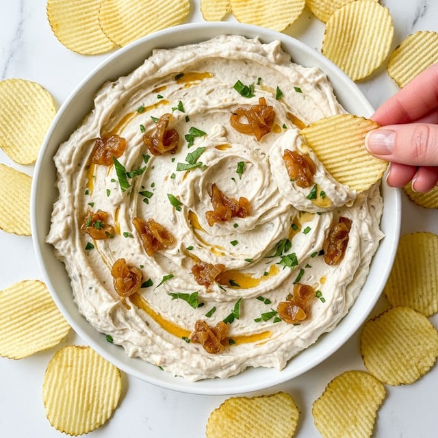 A round white bowl filled with thick, creamy dip that has a soft off-white color with swirls of light brown caramelized onion pieces mixed throughout, topped with small chopped green herbs scattered on the surface. The dip has a textured, slightly chunky appearance. Around the bowl, several ridged, pale yellow potato chips are scattered on a white marbled surface. One of the chips is dipped halfway into the bowl, held by a woman's hand. photo taken with an iphone --ar 4:5 --v 7