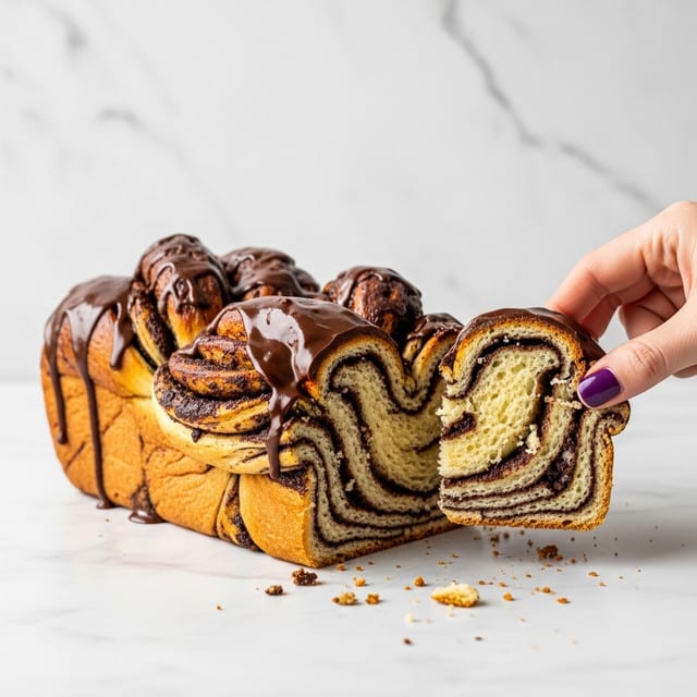 A rectangular loaf of chocolate babka sits directly on a white marbled surface, showing thick, twisted layers of golden brown dough and deep dark brown chocolate swirls. The top is glossy with a shiny chocolate glaze that drips slightly down the sides. A woman's hand with purple nail polish is pulling away a small piece from the right side, revealing the soft, light-yellow inside with spotted dark chocolate. Crumbs scatter lightly beneath the piece. The background is a smooth white marbled wall. Photo taken with an iphone --ar 4:5 --v 7