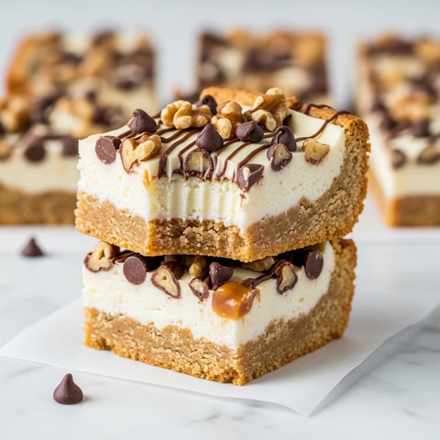 The image shows two square dessert bars stacked on top of each other on a piece of parchment paper over a white marbled surface. Each bar has three visible layers: a thick golden brown cookie-like base, a creamy white middle layer that looks soft and moist, and a top layer covered with melted white chocolate, scattered chocolate chips, caramel drops, and walnut pieces, adding texture and color variations of brown, tan, and cream. The top bar has a bite taken out, revealing the layers inside clearly. In the blurred background, more of the same dessert bars appear. Photo taken with an iphone --ar 4:5 --v 7