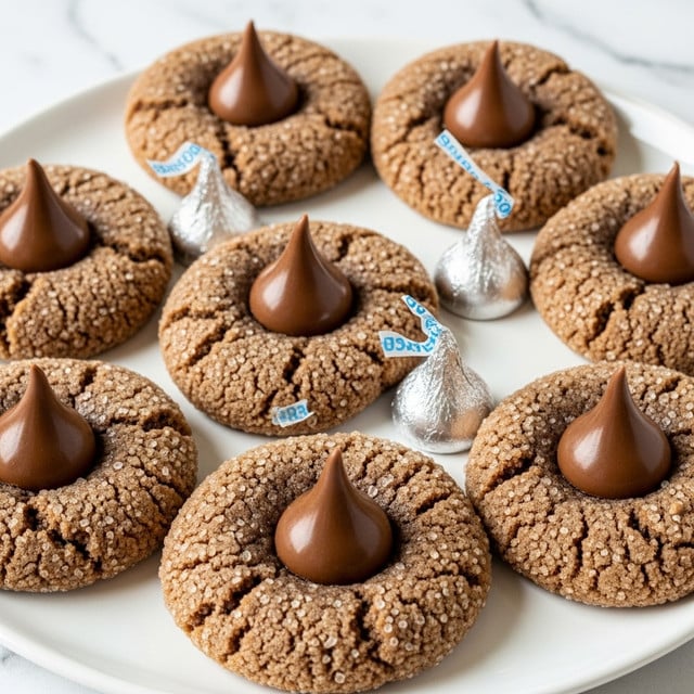 The image shows several round cookies arranged closely on a white plate, each cookie made of a textured, slightly cracked brown dough with small sugar crystals visible on the surface. At the center of each cookie is a shiny, smooth milk chocolate kiss with a pointed tip, slightly embedded into the dough layer. The cookies are evenly spaced on the plate, with two silver-wrapped chocolate kisses placed between some of the cookies, adding a shiny contrast. The overall setting sits on a white marbled texture background, highlighting the warm brown tones of the cookies and the chocolate. photo taken with an iphone --ar 4:5 --v 7
