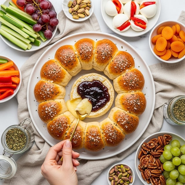A white round plate holds a wreath-shaped bread made of small, golden-brown rolls sprinkled with herbs and coarse salt. In the center, a round baked cheese with a golden crust is melting, with a woman's hand using a small gold spoon to scoop melted cheese and spread a dark fig jam on top. Around the plate, there are small bowls and plates with colorful fresh vegetables, white mozzarella balls stuffed with red peppers, green and purple grapes, dried apricots, pistachios, pecans, and a jar of herb seasoning, all placed on a white marbled textured surface with light beige cloths underneath. Photo taken with an iphone --ar 4:5 --v 7