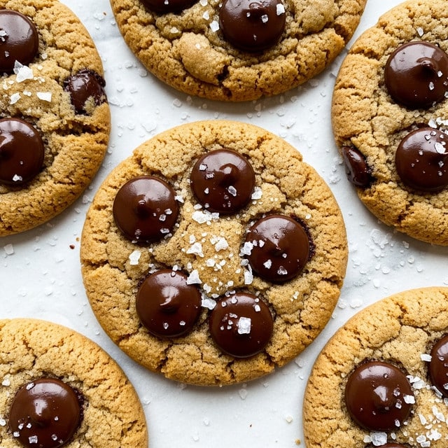 The image shows close-up golden brown cookies with a slightly rough texture, each topped with several large, smooth, shiny dark chocolate chips that are slightly melted and embedded in the cookie surface. The chocolate chips are dark and glossy, contrasting with the warm golden cookie color. Large white flaky salt crystals are sprinkled evenly on top, adding texture and brightness. The cookies rest on parchment paper with a white marbled texture beneath, lightly dusted with more salt flakes around them. The overall look is warm, crunchy, and inviting. photo taken with an iphone --ar 4:5 --v 7