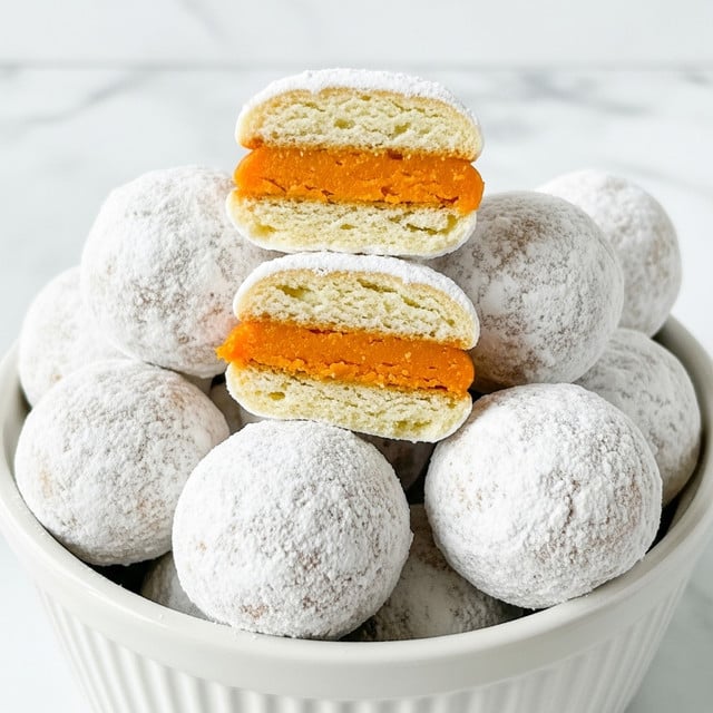 The image shows many small round treats covered in a thick layer of white powdered sugar, giving them a snowy, soft texture on the outside. One treat is cut in half and placed on top, revealing two inside layers: a light beige cracker-like biscuit on the top and bottom, and a bright orange creamy filling in the middle that looks smooth and dense. These treats fill a white bowl with soft ridges. The background is a white marbled texture. photo taken with an iphone --ar 4:5 --v 7