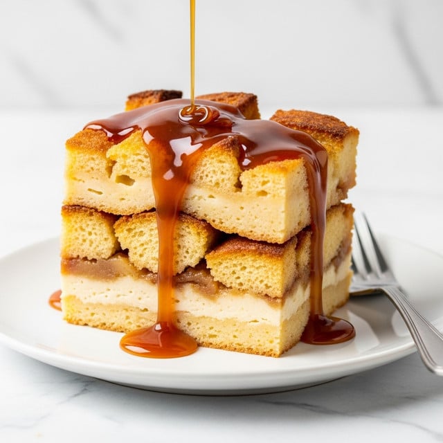 A slice of bread pudding sits on a white plate, showing three visible layers; the bottom layer is a light, soft creamy base, the middle layer is thick with chunks of toasted golden-brown bread pieces stacked unevenly, and the top layer is a glossy drizzle of amber caramel sauce slowly pouring over the bread, creating a shiny texture and some sauce dripping down the sides. A silver fork lies on the right side of the plate, and the background is a white marbled texture. photo taken with an iphone --ar 4:5 --v 7