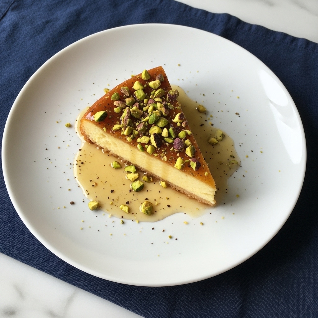 A single triangular slice of a pale yellow dessert sits near the center of a white plate on a dark blue cloth; the slice is topped with a shiny layer of syrup and scattered green and golden chopped nuts, likely pistachios, adding texture and color contrast. The syrup pools lightly around the slice, creating a glossy sheen, and there are small dark specks peppered across the syrup and plate, enhancing the visual detail. The plate rests on a white marbled surface. Photo taken with an iphone --ar 4:5 --v 7