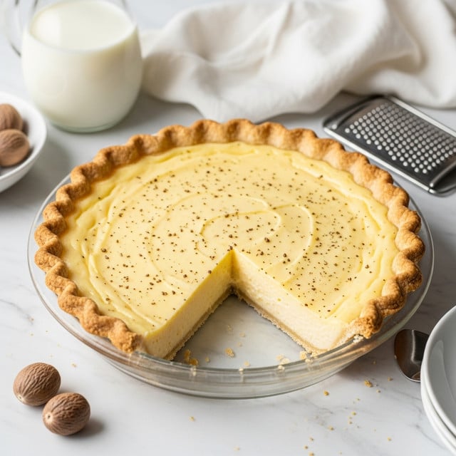 A creamy custard pie with a soft, smooth yellow filling sits in a white pie crust with lightly browned, flaky edges. One slice is missing, showing the two layers clearly: the pale yellow custard on top and the crust below. The pie rests on a white marbled surface, surrounded by a glass pie plate, a jug of milk, two whole nutmegs, a metal grater, and a white cloth with soft folds. The top of the custard has tiny brown specks lightly sprinkled across it. Photo taken with an iphone --ar 4:5 --v 7