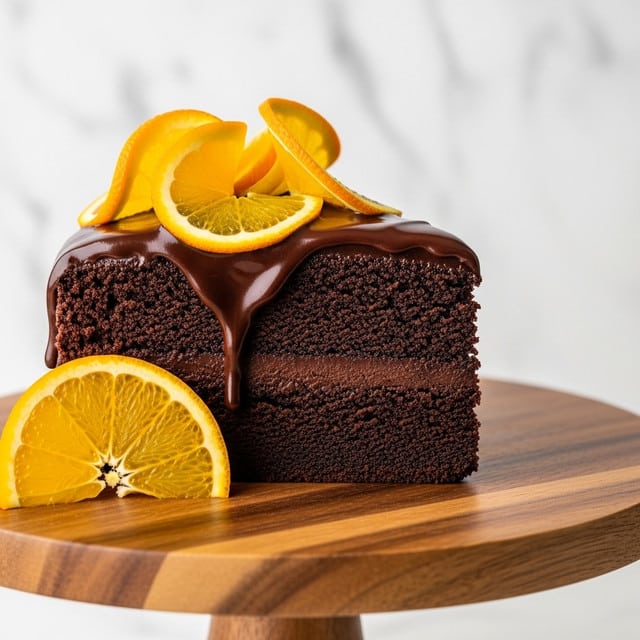 A rich, thick slice of chocolate cake with one visible layer stands on a wooden cake stand, covered smoothly with shiny, dark chocolate ganache that drips slightly over the edges. On top, there are thin, curled slices of bright orange, adding a fresh contrast in color and texture. A single slice of the orange sits beside the cake stand, and the background shows a soft, white marbled texture, making the dark cake and vibrant oranges pop. Photo taken with an iphone --ar 4:5 --v 7